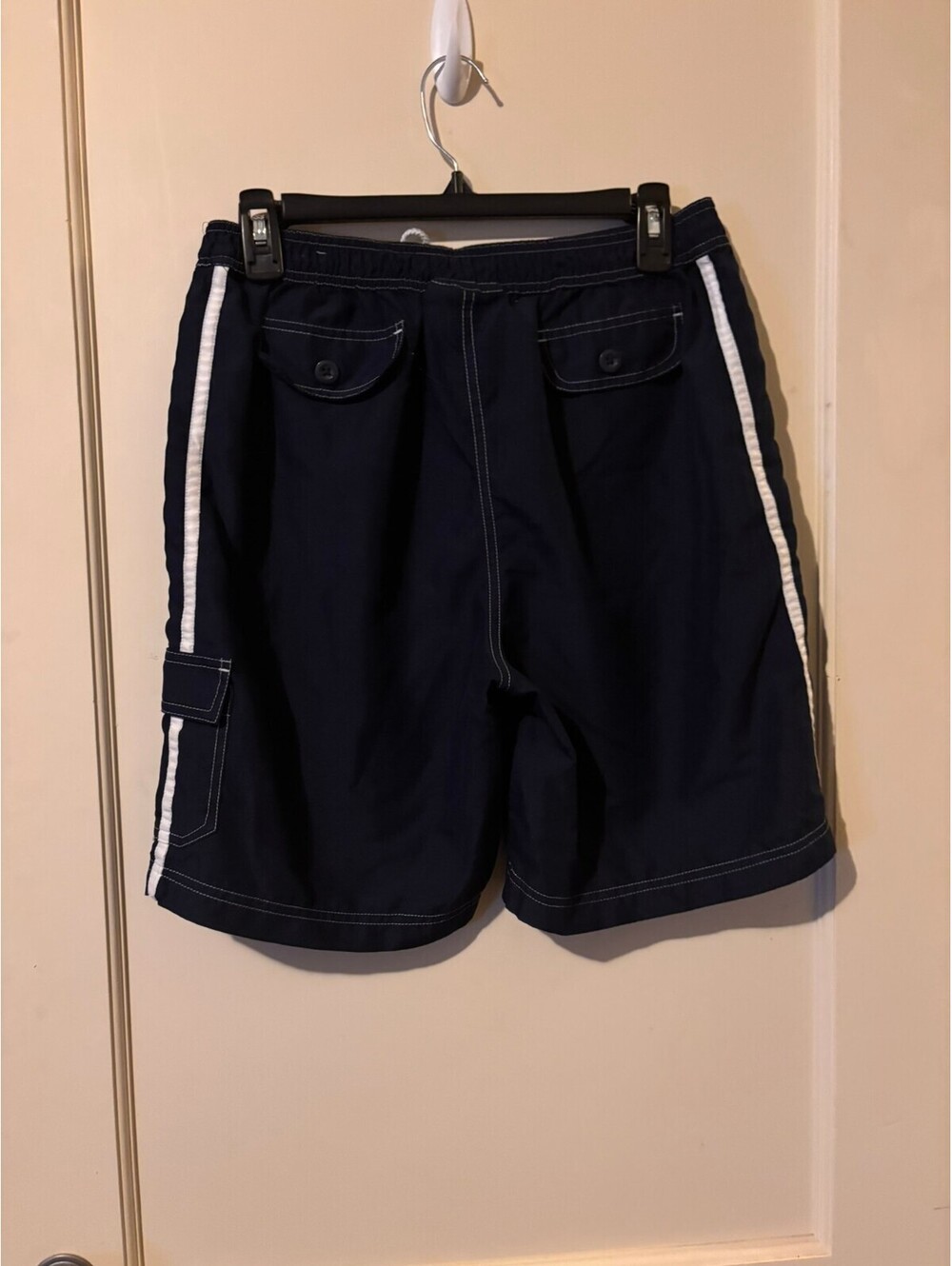Navy Blue Swim Trunks with Light Blue Side Stripes and Cargo Pocket